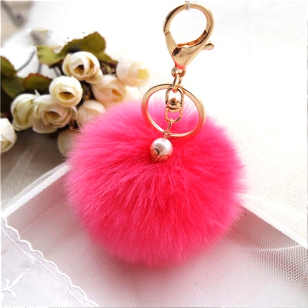 Hot Pink Pom Pom Fur Keychain/Pearl Purse Charm